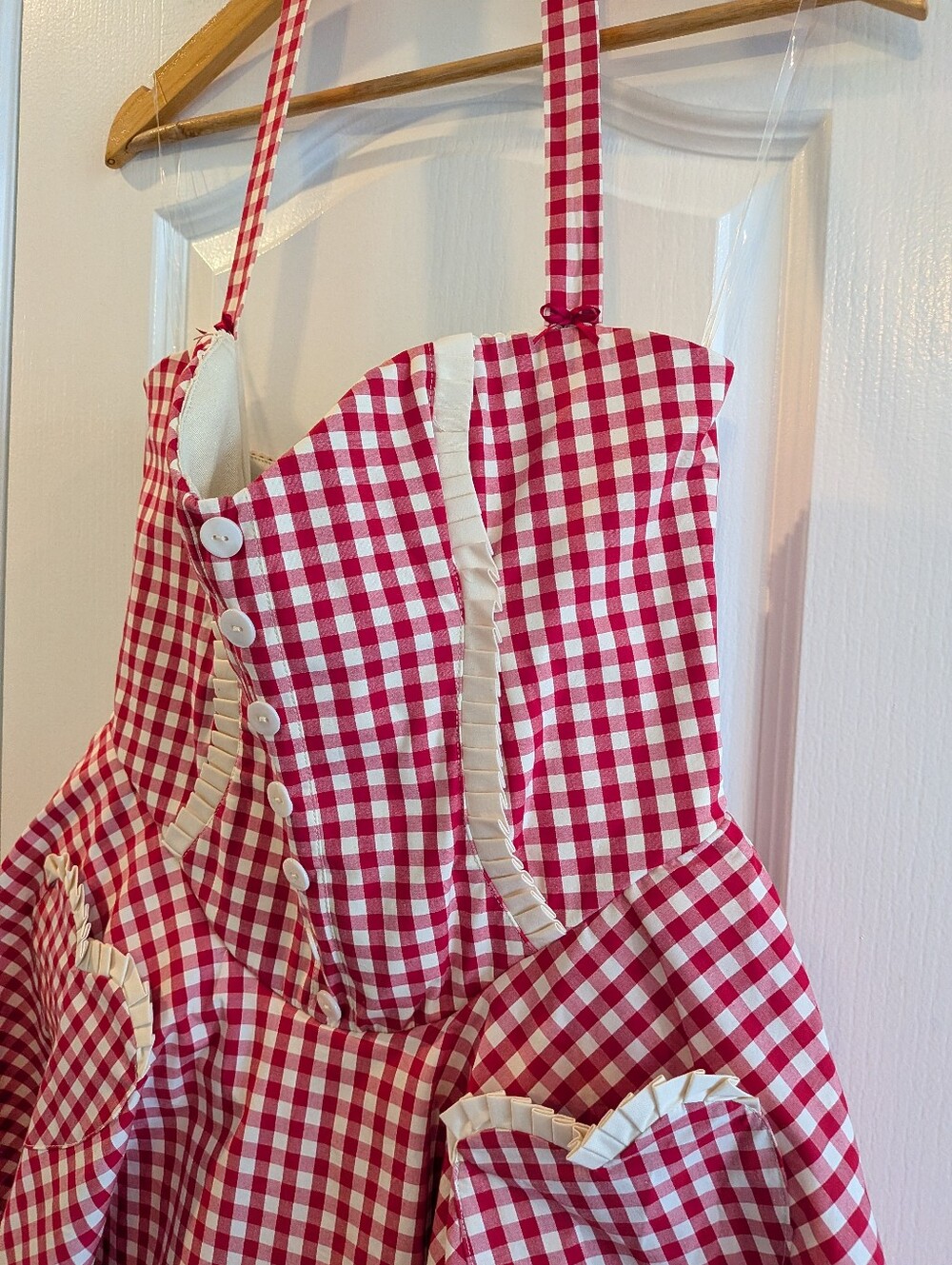 House of CB Heidi Red Gingham Cotton Halter Neck Mini Dress Coquette Size L NWT - Picture 5 of 15